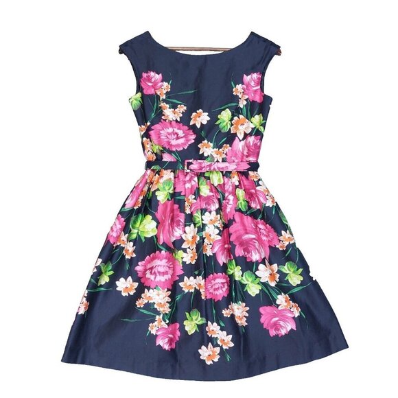 Eliza J Dresses & Skirts - Eliza J Dress Women's 2 Black Rose Print Belted Boat Neck Sleeveless Party